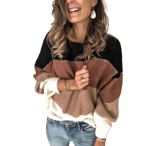 Stribet Strikket Sweater til Kvinder med Rund Hals og Lange Ærmer, Sort, Vinter Chic