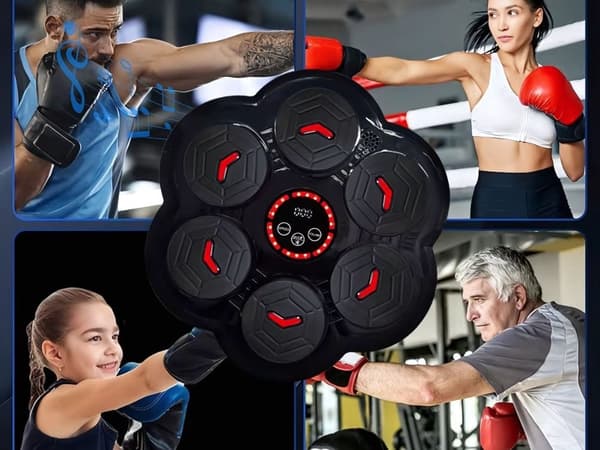 Boksetræner med musik, Bluetooth, LED, hastighedsniveauer, USB genopladelig, inklusive handsker