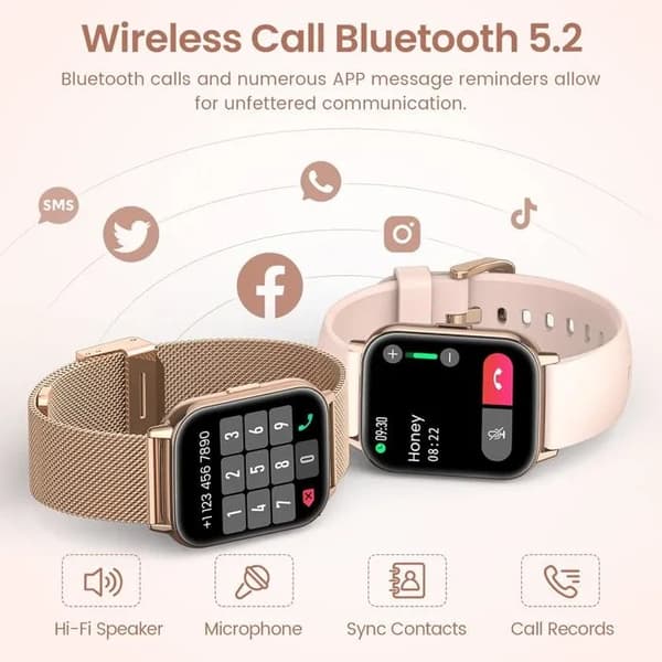Dam Smartwatch, 1.83\" HD-skärm, Bluetooth 5.2 Samtal, Puls- & SpO2-mätare, Roséguld