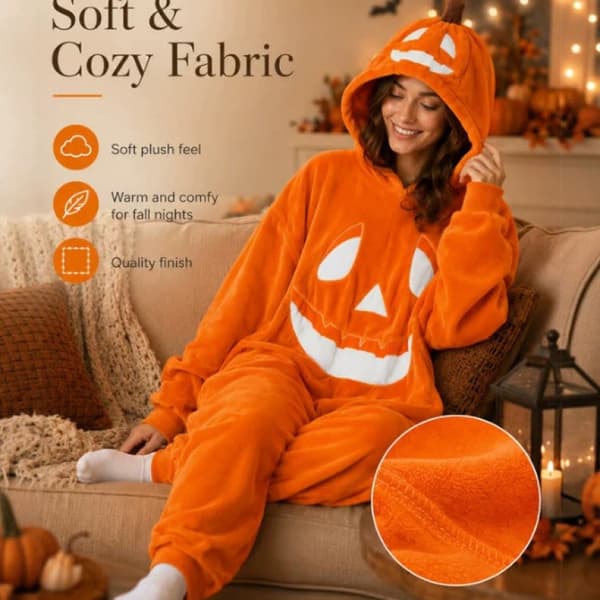 Halloween Græskar Hætte Onesie Pyjamas Sæt, Plys, Orange, Jul, Stor