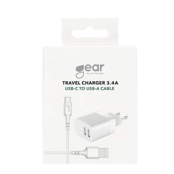 Kompakt reiselader 2xUSB 3.4A, USB-C 2.0-kabel 1m, hvit, hurtiglading