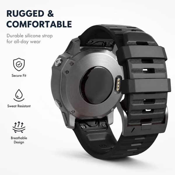 Silikoneurrem til Garmin Fenix/Forerunner/Approach/Quatix, Sort, 22mm, Erstatningsrem