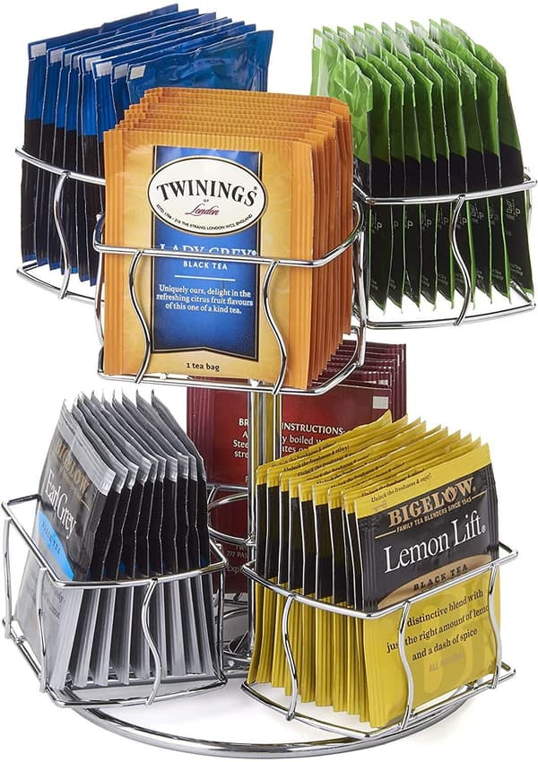 Silver Teepåse Organizer Karusell, 6-facks Roterande Stativ för Kaffe & Te