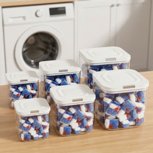 Förtjockad transparent förvaringslåda för tvättmedel och diskmaskinstabletter, förseglad fuktsäker, stor kapacitet, med lock Rectangular 3-Piece Set with Cup