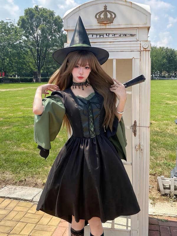 Sort gotisk heksekostumekjole til kvinder med hat, Cosplay Halloween Scenetøj