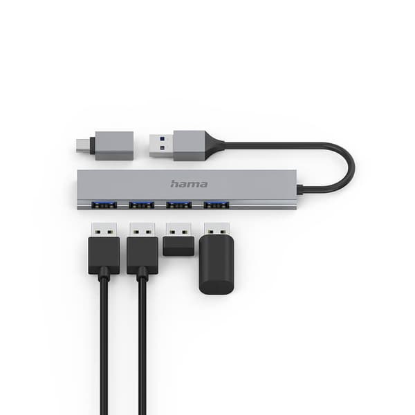USB-A 3.2 4-ports hub 5 Gbit/s med USB-C adapter, aluminium, Plug & Play