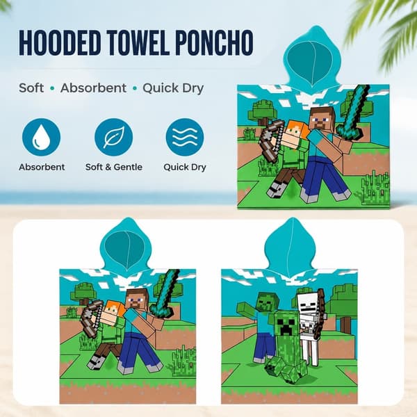Minecraft Strandhandduk Poncho, 50x115 cm, Bomull, Badcape för barn