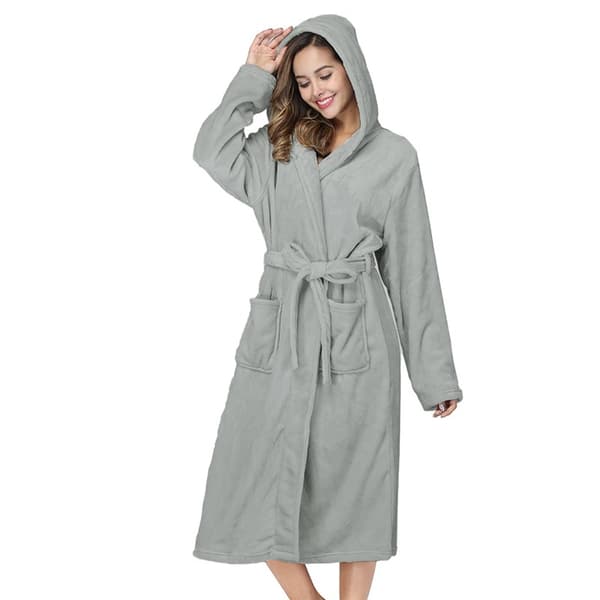 Fleecebadekåpe for kvinner med hette, grå, størrelse S, myk polyester, koselig