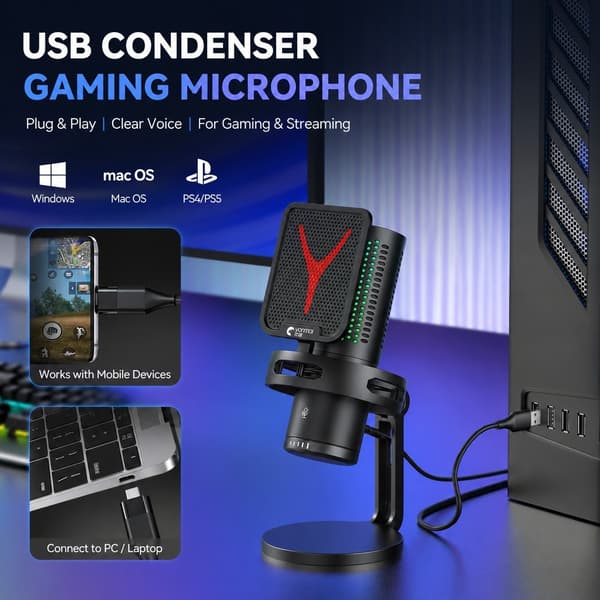 USB Streaming Mikrofon, Sort, RGB Åndedrætslys, Mute-knap, Gain-kontrol, Kardioid