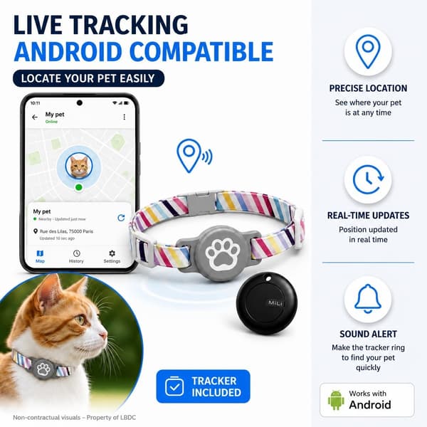 GPS Tracker til Katte Hunde, Android Bluetooth 5.3, 100m Rækkevidde, Ingen SIM, IP65, Udskifteligt Batteri