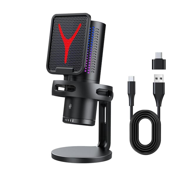 USB Streaming Mikrofon, Sort, RGB Åndedrætslys, Mute-knap, Gain-kontrol, Kardioid