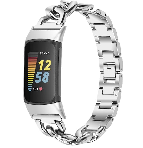 Rustfritt stålbånd kompatibelt med Fitbit Charge 5, sølv, 19,5 cm, førsteklasses metall