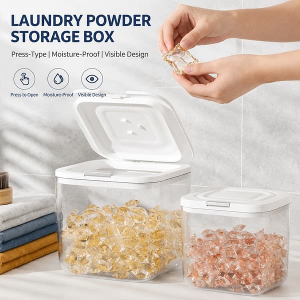 Förvaringslåda för tvättmedel, 2,5L fyrkantig liten, trycköppning, transparent plast, fuktsäker 6L Rectangular Medium