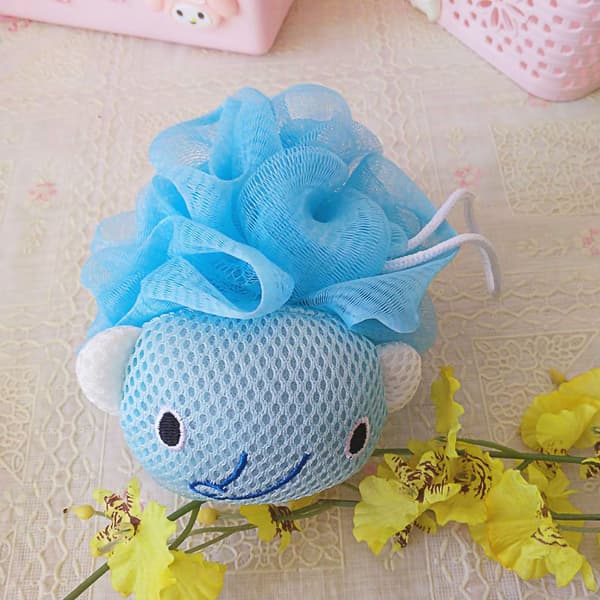 Tecknad duschpuff luffa kroppsskrubb, blå elefant, PE badboll för rengöring