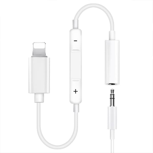 Lightning til 3,5 mm Aux-adapter med lydstyrkekontrol, kompatibel med iPhone iPad