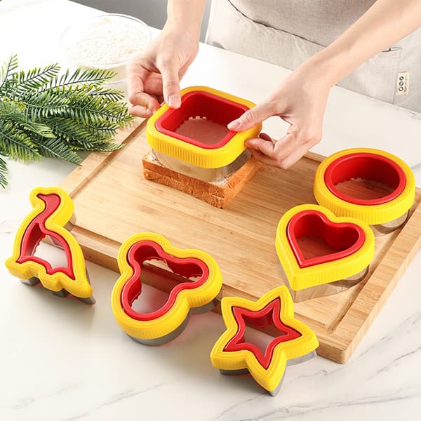 Sandwichkutterform, Toastbrødform, 6-delt sett, Rustfritt stål, Bakeverktøy, Rød+Gul