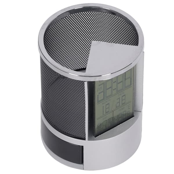 Digital väckarklocka pennhållare, evighetskalender, multifunktionell elektronisk klocka, svart
