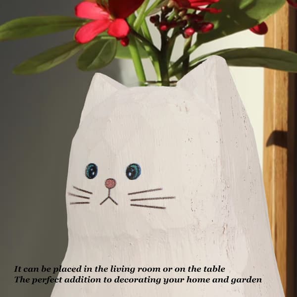 Vit kattstaty blomvas, handgjord texturerad trä, present till kattälskare