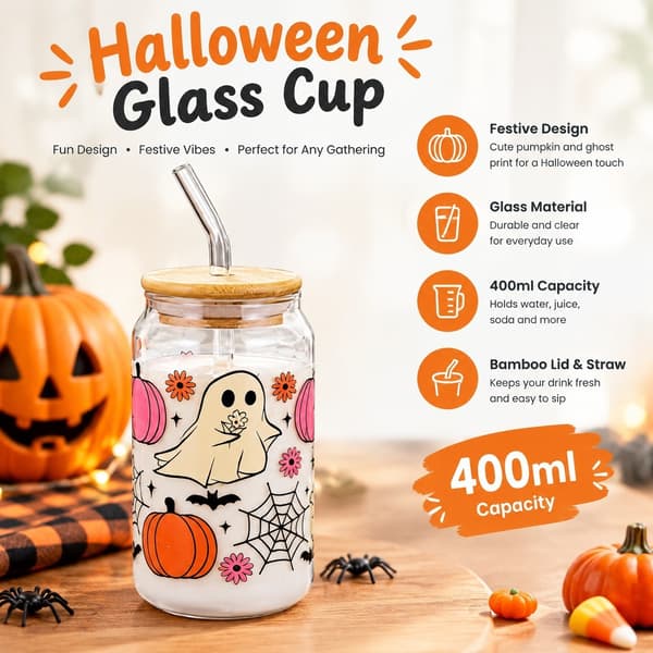 Halloween Glasbægre med Låg og Sugerør, Græskar Spøgelse Krus, 400ml