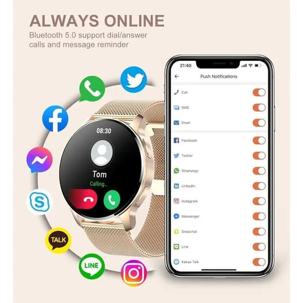 Dame Smartwatch 1,32\" Bluetooth Opkald, Puls, SpO2, Blodtryk, Søvntracker, IP67, Pink