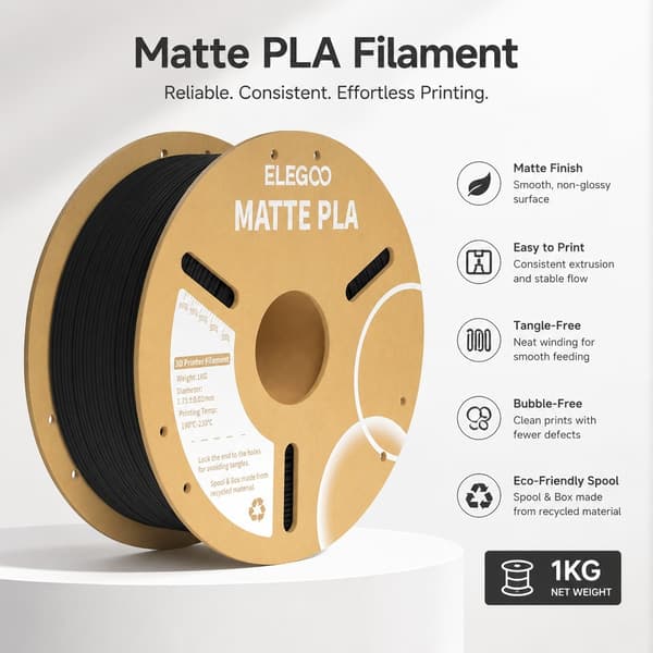PLA Mat Filament 1.75mm, Sort, 1kg, 3D Printer Filament, Lav Glans, Høj Præcision