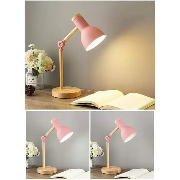 Klassisk LED-bordslampa i trä med svängbara armar, E27-sockel, för läsning, studier, kontor, rosa