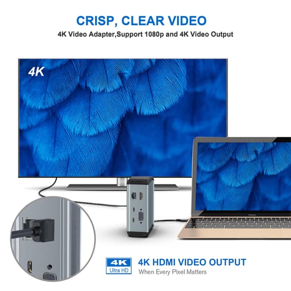 12-i-1 USB-C Hub Adapter, Sølv, med HDMI VGA Ethernet, 4K, Aluminium, til Bærbar Computer