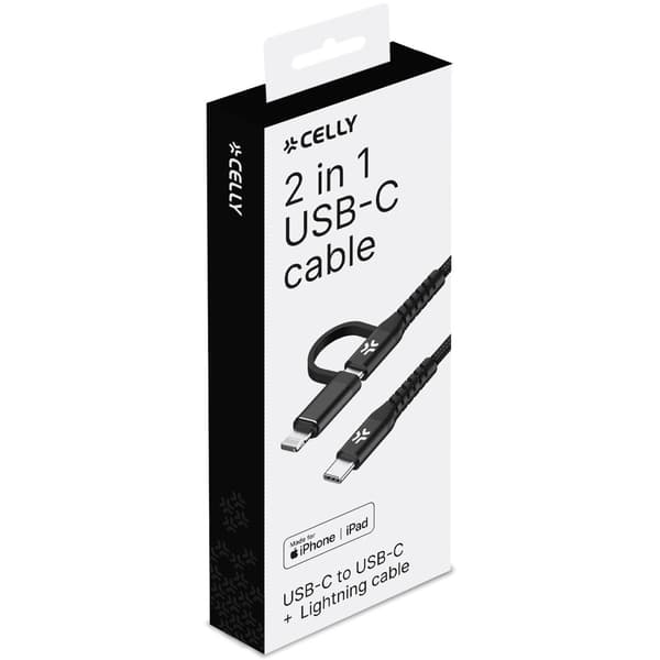 2-in-1 USB-C/USB-A–USB-C/Lightning-kaapeli, 60 W, 2 m, musta, nailonpunottu