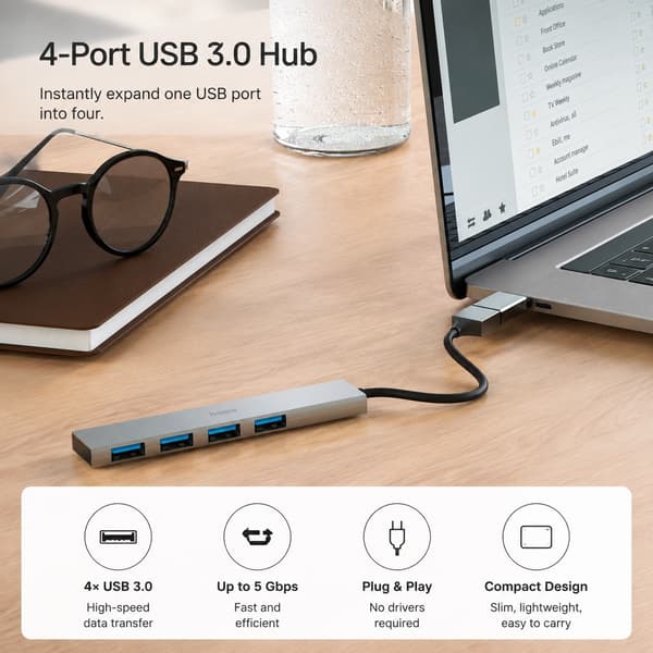 USB-A 3.2 4-portars hubb 5 Gbit/s med USB-C-adapter, aluminium, Plug & Play
