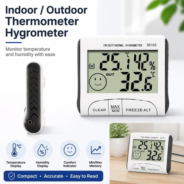 Väderstation Termometer Hygrometer, Inomhus Utomhus Temperatur Fuktighetssensor, LCD-display