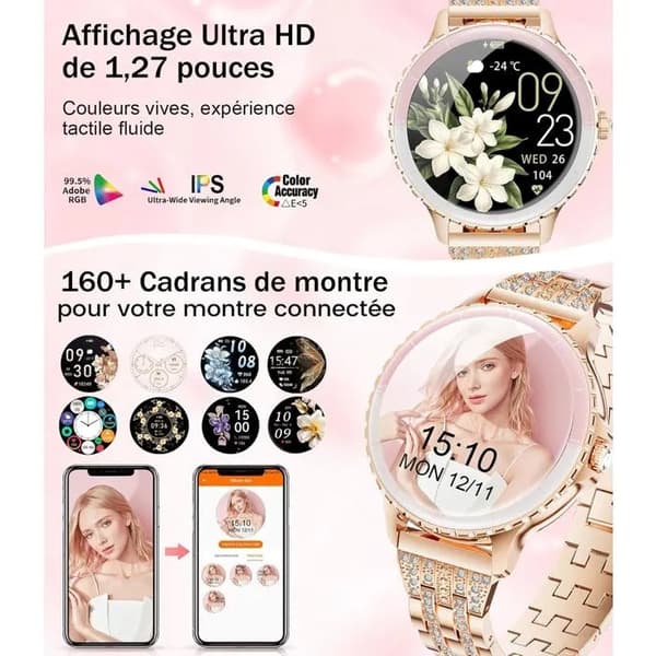 Damers Smartwatch, Roséguld, 1.27\" HD, Rostfritt Stål, Diamant, Bluetooth-samtal, Pulsmätare
