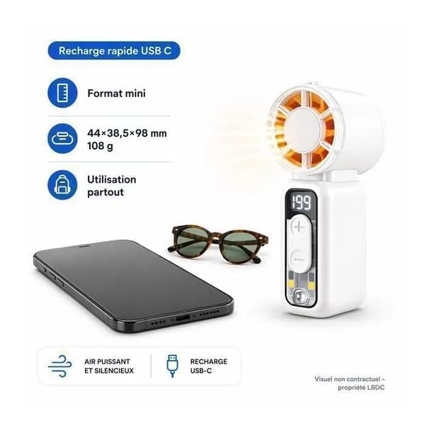 Mini bærbar ledningsfri ventilator med LED, 5 hastigheder, 1200mAh batteri, USB-C, kompakt
