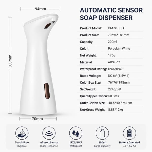 Automatisk Induktionsåldispenser, Beröringsfri, ABS, Skrivbordsmodell, Batteridriven, 500ml, Silver