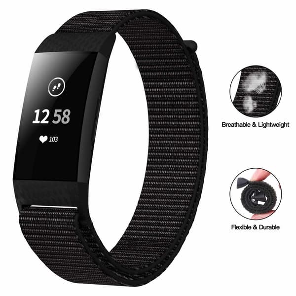 Nylonrem kompatibel med Fitbit Charge 3/4, sort, åndbar, justerbar