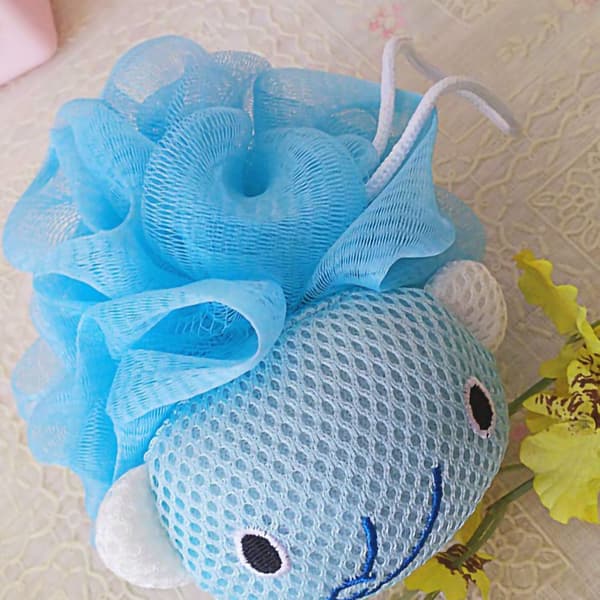 Tecknad duschpuff luffa kroppsskrubb, blå elefant, PE badboll för rengöring