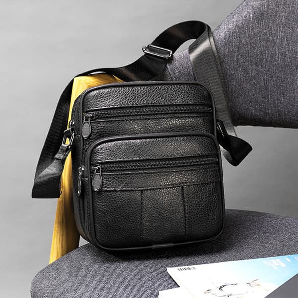 Ægte Læder Crossbody Taske, Sort, Kompakt, Holdbar, Passer til 7.9\" Tablet