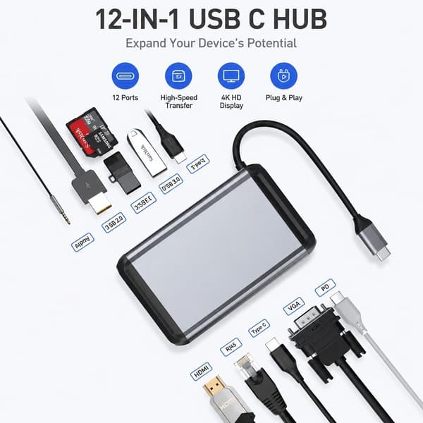 12-i-1 USB-C Hub Adapter, Sølv, med HDMI VGA Ethernet, 4K, Aluminium, til Bærbar Computer