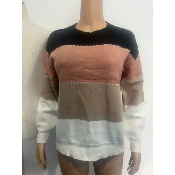 Stribet Strikket Sweater til Kvinder med Rund Hals og Lange Ærmer, Sort, Vinter Chic