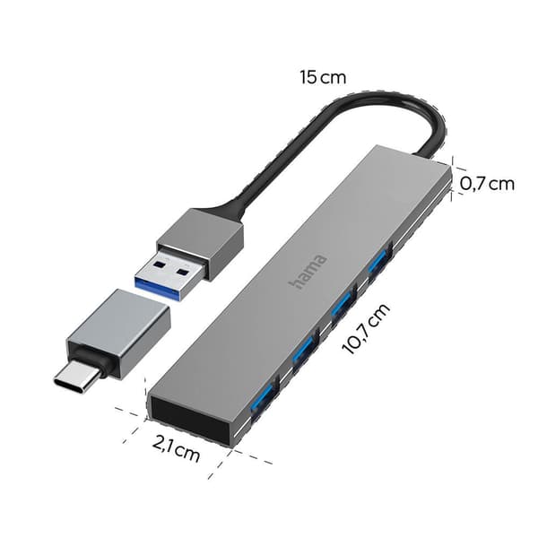 USB-A 3.2 4-portars hubb 5 Gbit/s med USB-C-adapter, aluminium, Plug & Play