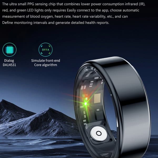 Smart Ring, Sølv, Størrelse 10, 30-dages batteri, IP68 Vandtæt, Puls- & SpO2- & Søvntracker