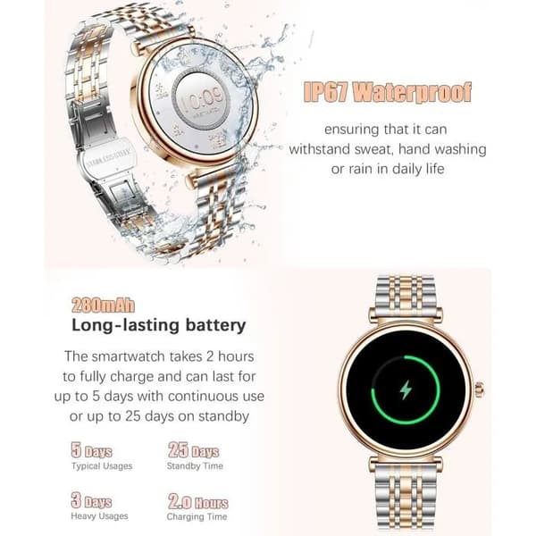 Dame Smartwatch IP67, Pulsmåler, Søvntracker, Aktivitetsmåler, Vandtæt