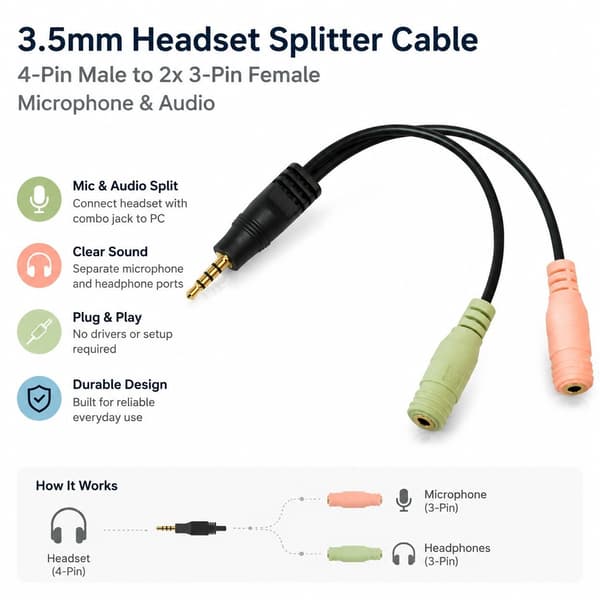 3,5 mm headset splitterkabel, 4-polet han til 2x 3-polet hun, mikrofon og lyd, 15 cm