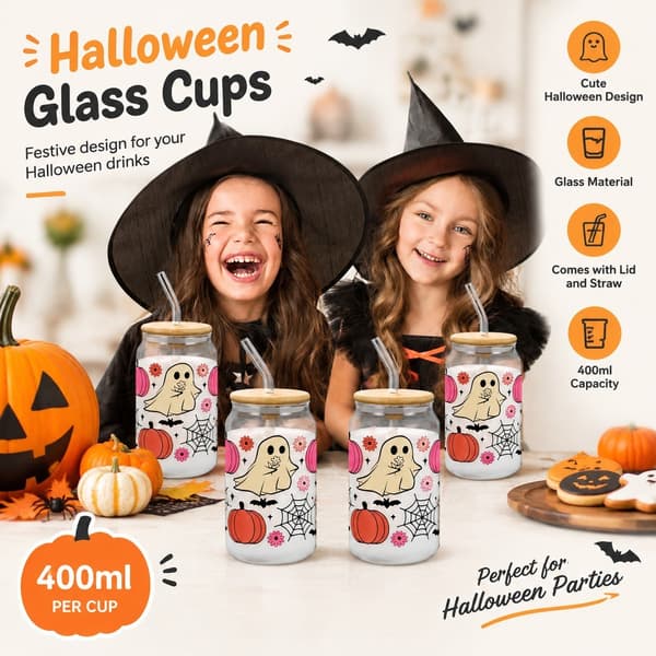 Halloween Glasbægre med Låg og Sugerør, Græskar Spøgelse Krus, 400ml