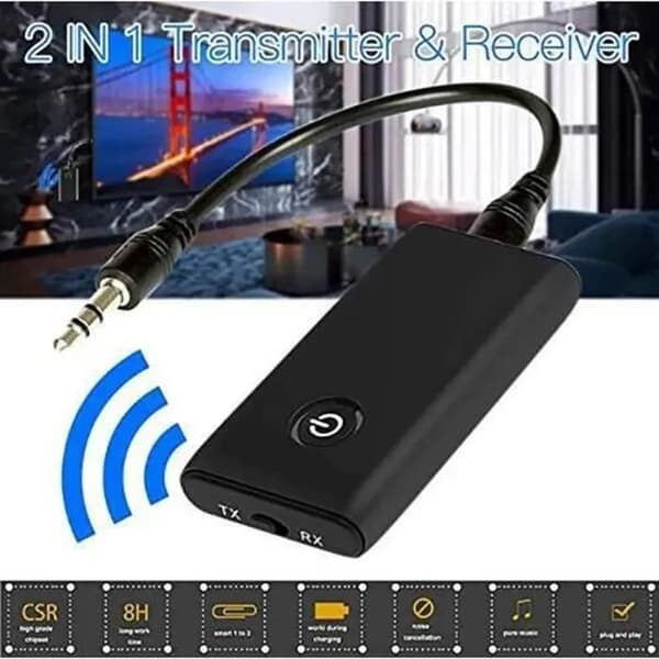 Bluetooth 5.0 lydsender/-mottaker, 2-i-1, 3,5 mm, svart, 10 m rekkevidde