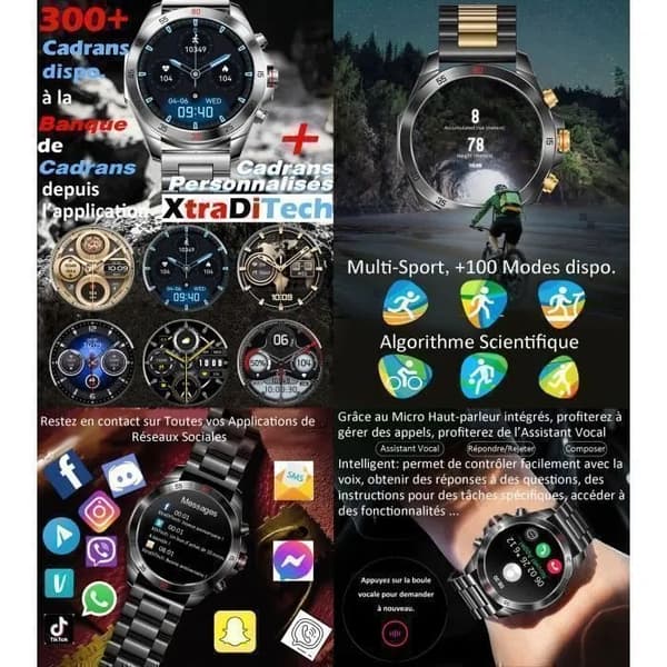 Herre Smartwatch, Sort og Guld Rustfrit Stål Armbånd, 1.43\" AMOLED Skærm, Bluetooth Opkald, Stemmeassistent