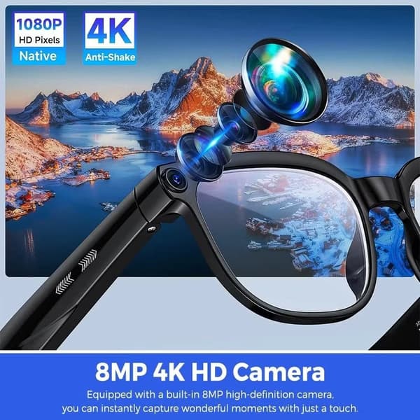 AI smarte briller med 4K videoopptak, stemmeoversettelse, ChatGPT-assistent, Bluetooth, IP65
