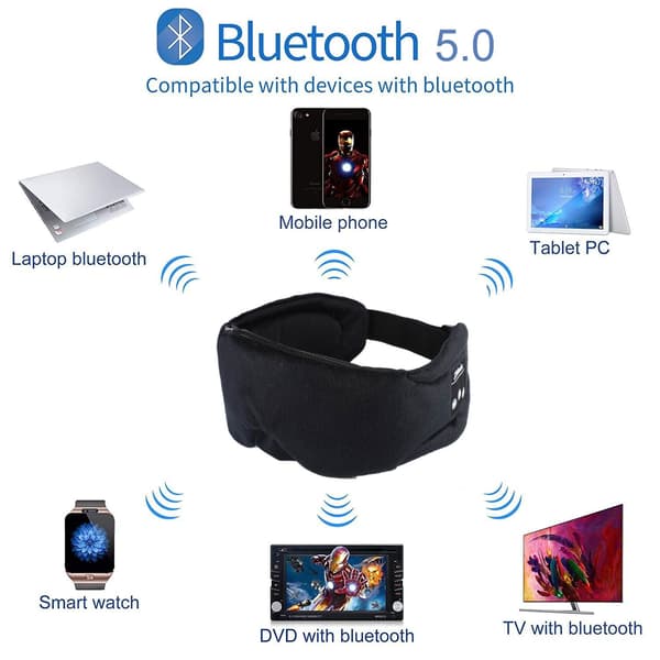 Bluetooth Sovemaske med Hovedtelefoner, Sort, Trådløs 5.0, Justerbar, Vaskbar