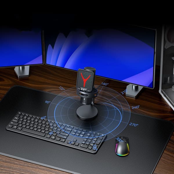 USB Streaming Mikrofon, Sort, RGB Åndedrætslys, Mute-knap, Gain-kontrol, Kardioid