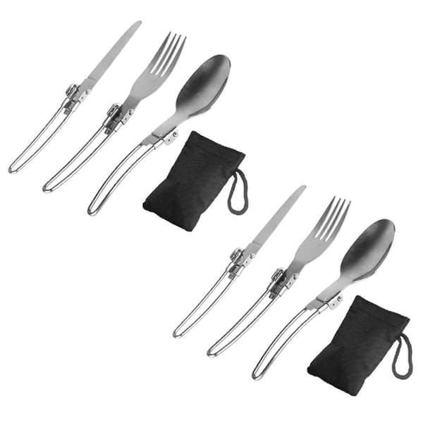 2X Spork Gaffel Rostfritt Stål Fällkniv Bestick Sked Set Combo Picknick Camping Bestick Servis