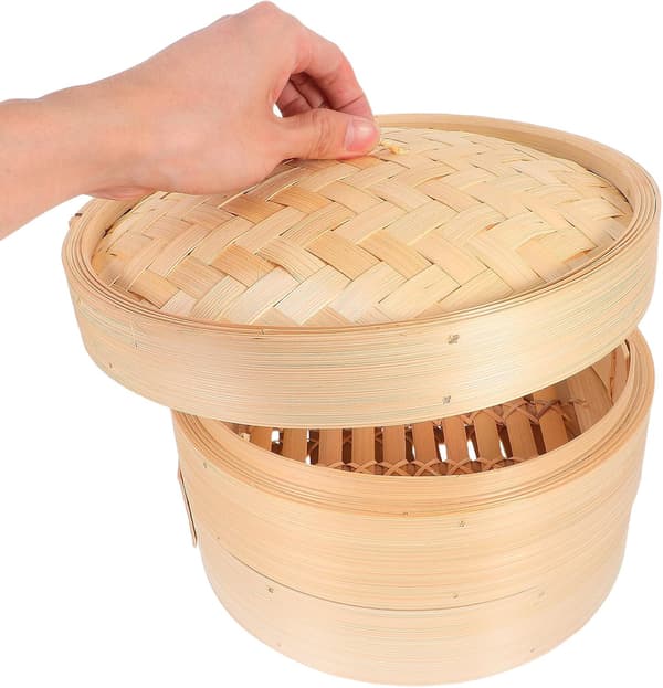 Handvävd ångkorg med lock 26 cm för dumplings, grönsaker, bullar, asiatisk matlagning